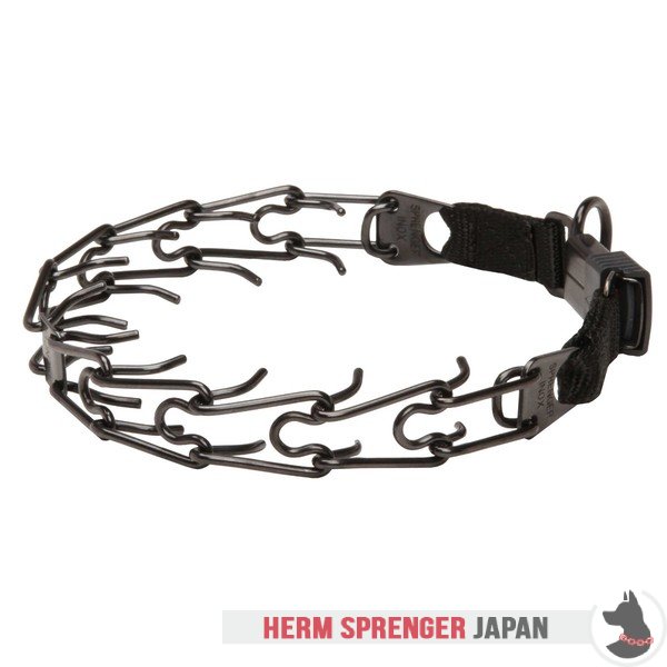 "Daily Trainer" 黒染めステンレス鋼製ピンチカラー　中心部のプレートとクリック・ロック・バックル付き (3.2 mm x 52 cm)