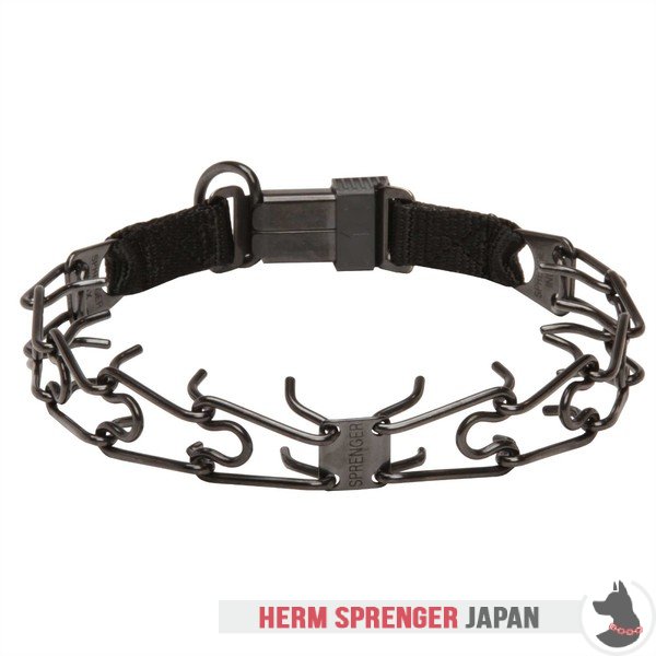 "Daily Trainer" 黒染めステンレス鋼製ピンチカラー　中心部のプレートとクリック・ロック・バックル付き (3.2 mm x 52 cm)