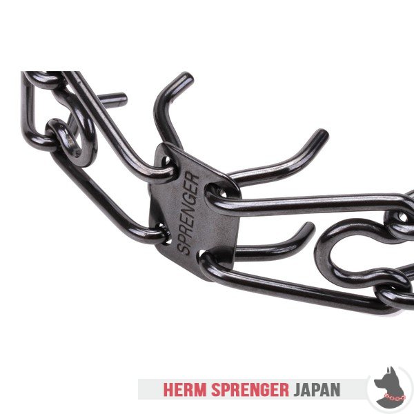 "Black Force" 黒染めステンレス鋼製ピンチ首輪　中心部プレートとクリック・ロック・バックル付き(4 mm x 60 cm)