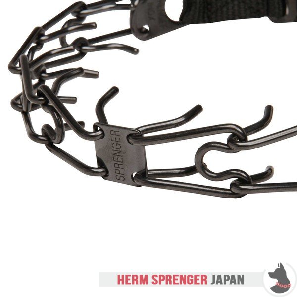 "Daily Trainer" 黒染めステンレス鋼製ピンチカラー　中心部のプレートとクリック・ロック・バックル付き (3.2 mm x 52 cm)