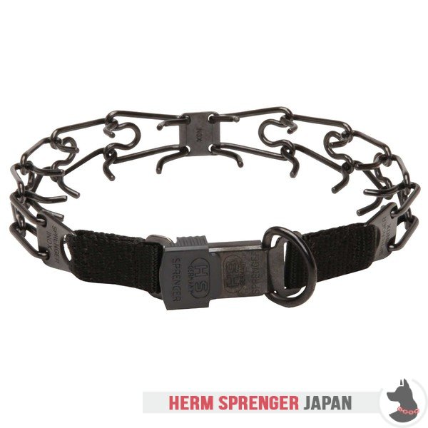 "Daily Trainer" 黒染めステンレス鋼製ピンチカラー　中心部のプレートとクリック・ロック・バックル付き (3.2 mm x 52 cm)